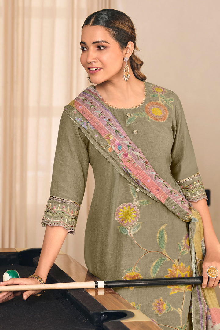 Pure Mal Jacquard Embroidered Designer Salwar Kameez In Beige Color