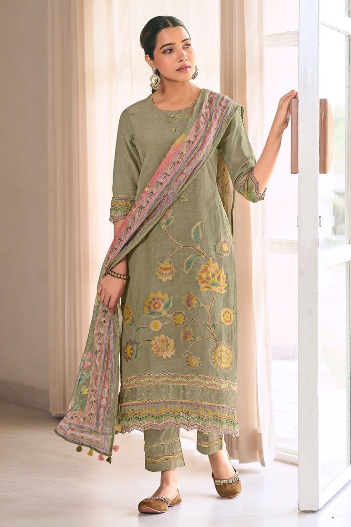 Pure Mal Jacquard Embroidered Designer Salwar Kameez In Beige Color