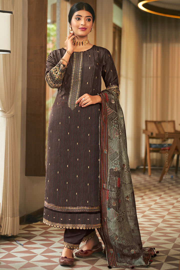 Pure Bemberg Silk Digital Print Long Straight Cut Salwar Suit In Brown Color