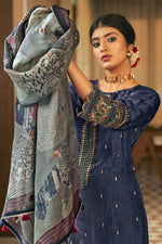 Load image into Gallery viewer, Navy Blue Pure Bemberg Silk Digital Print Long Straight Cut Suit
