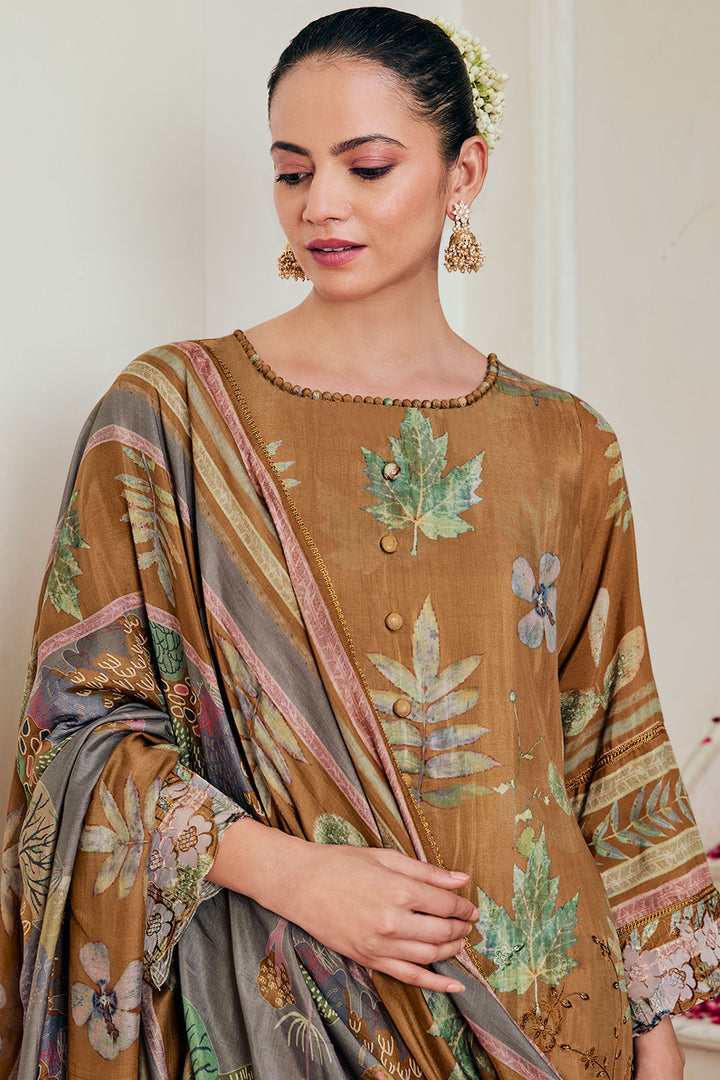 Gratifying Pure Muslin Silk Brown Stylish Suit