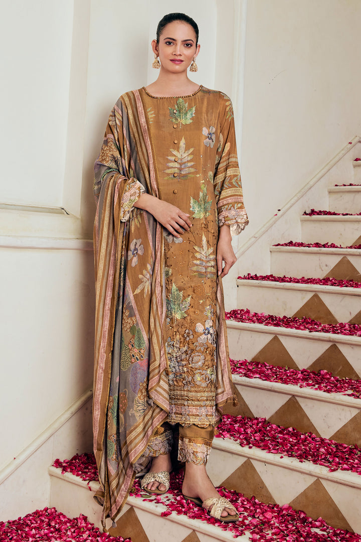 Gratifying Pure Muslin Silk Brown Stylish Suit