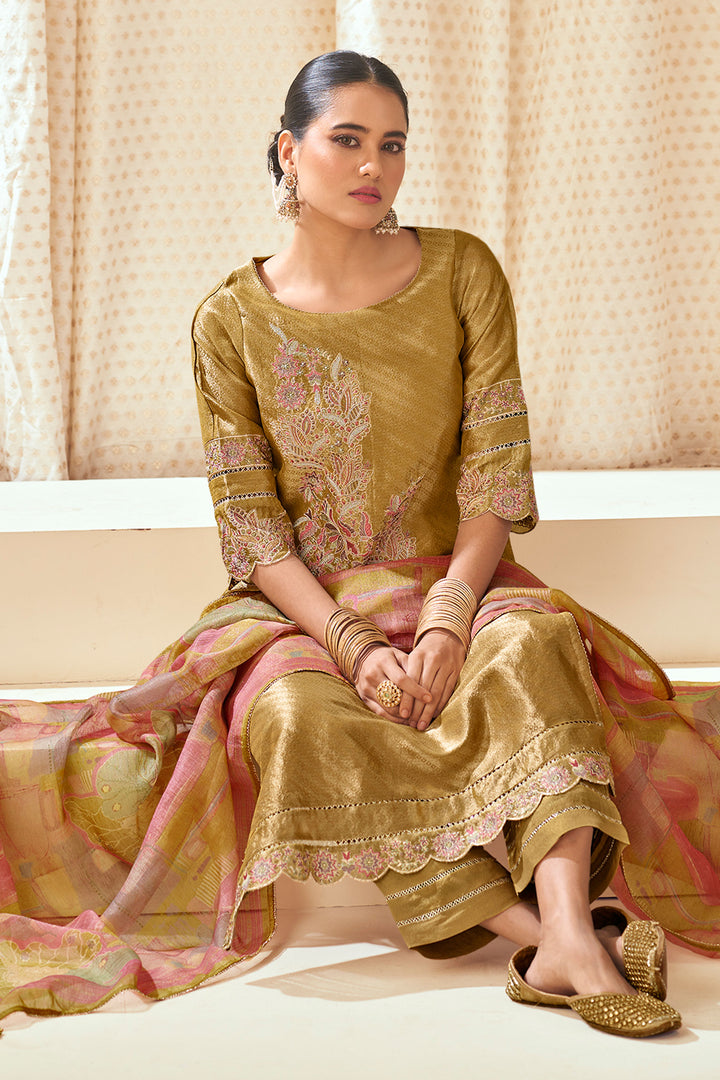 Brown Pure Tissue Self Jacquard With Fancy Embroidery Work Long Salwar Suit