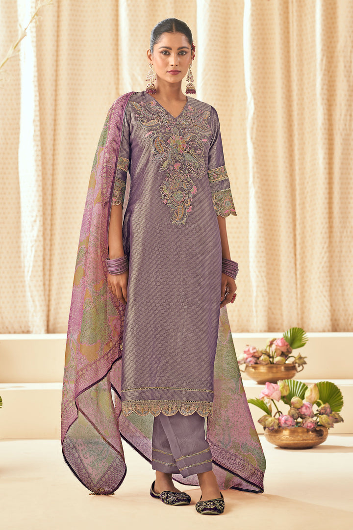 Lavender Pure Tissue Self Jacquard With Fancy Embroidery Work Suit