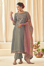 Load image into Gallery viewer, Pure Tissue Self Jacquard With Fancy Embroidery Work Salwar Kameez In Grey Color
