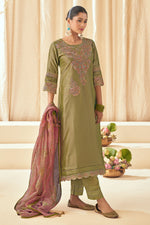 Load image into Gallery viewer, Pure Tissue Self Jacquard With Fancy Embroidery Work Salwar Suit In Green Color
