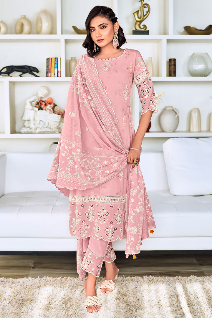 Pink Pure Cotton Embroidery Khadi Block Print Long Straight Cut Salwar Kameez