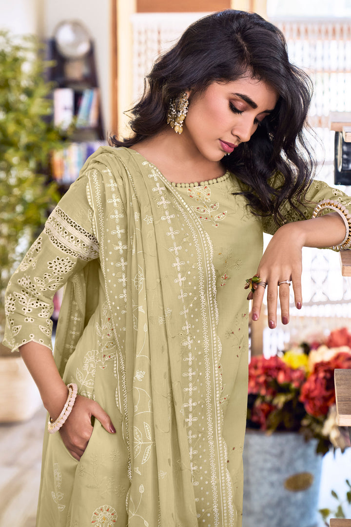 Khaki Pure Cotton Embroidery Khadi Block Print Long Straight Cut Salwar Suit