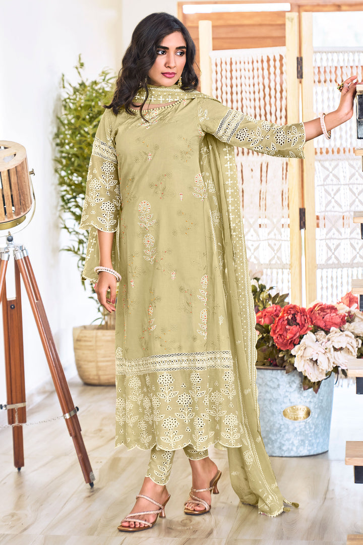 Khaki Pure Cotton Embroidery Khadi Block Print Long Straight Cut Salwar Suit