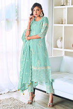 Load image into Gallery viewer, Cyan Color Pure Cotton Embroidery Khadi Block Print Long Straight Cut Suit
