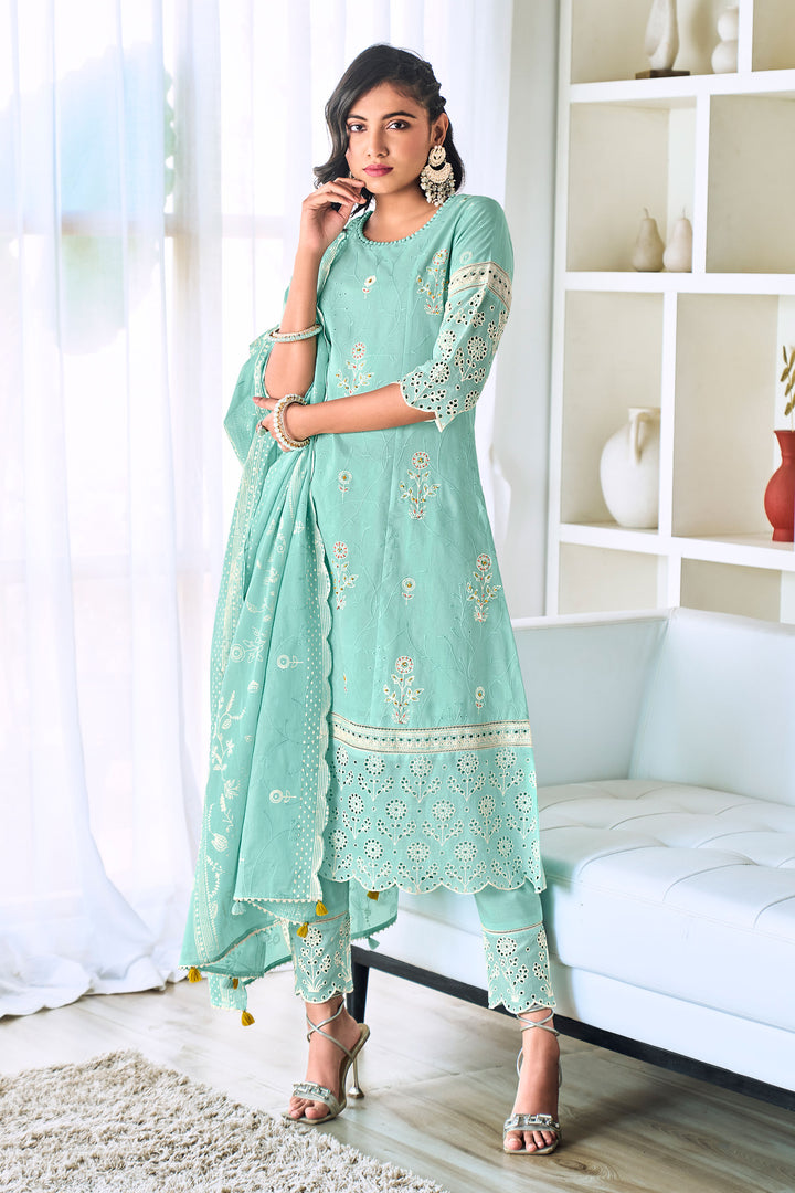 Cyan Color Pure Cotton Embroidery Khadi Block Print Designer Salwar Suit