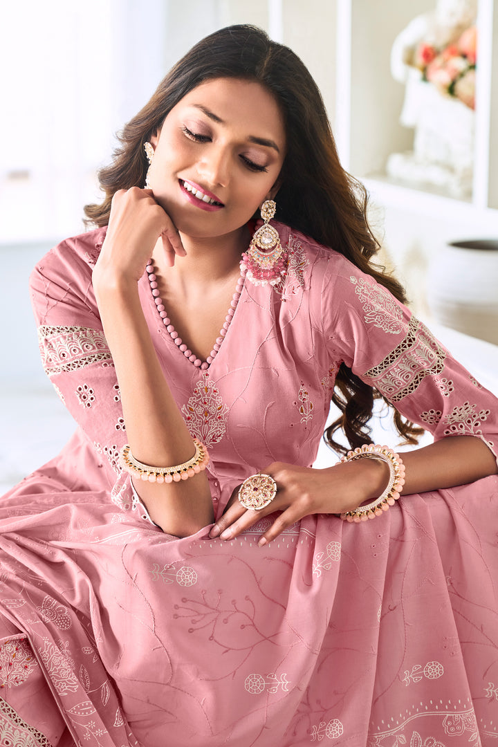 Pink Pure Cotton Embroidery Khadi Block Print Long Straight Cut Dress