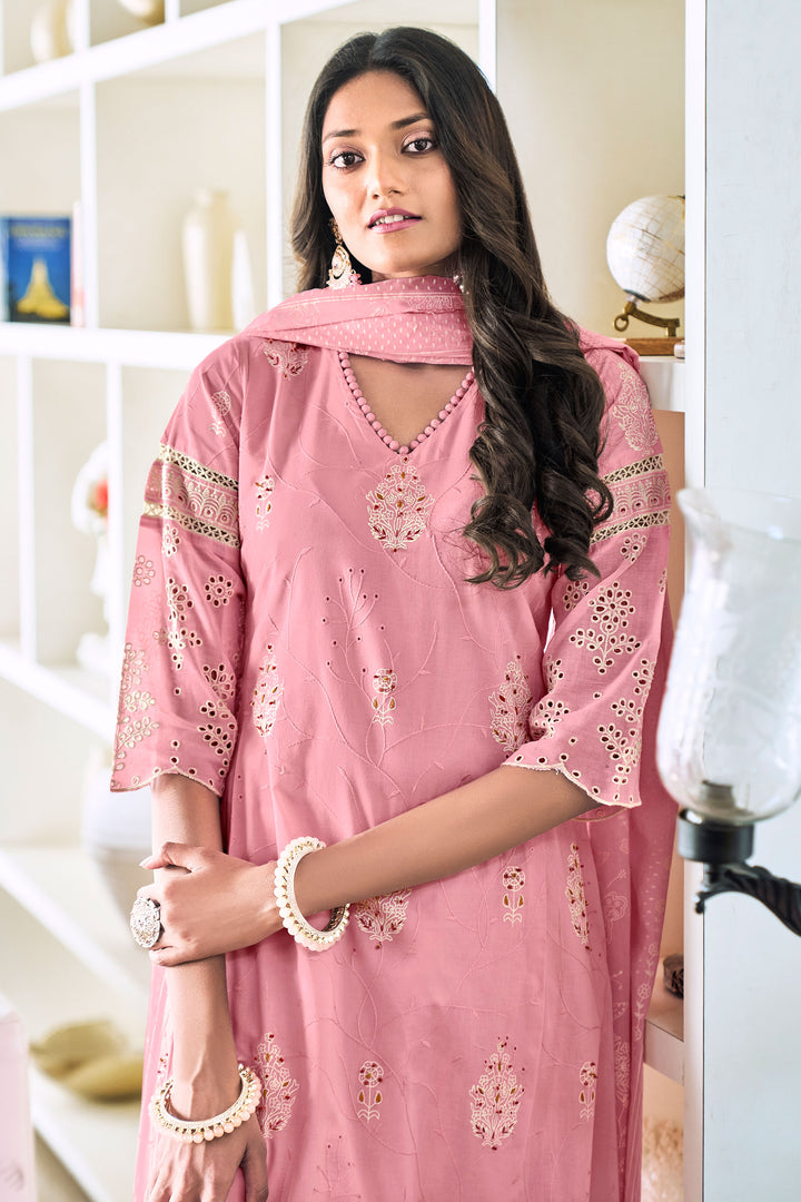 Pink Pure Cotton Embroidery Khadi Block Print Designer Suit