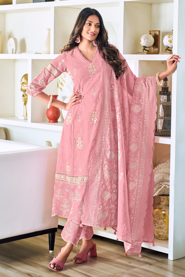 Pink Pure Cotton Embroidery Khadi Block Print Long Straight Cut
