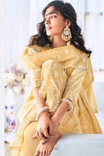 Load image into Gallery viewer, Pure Cotton Embroidery Khadi Block Print Long Straight Cut Salwar Kameez In Yellow Color
