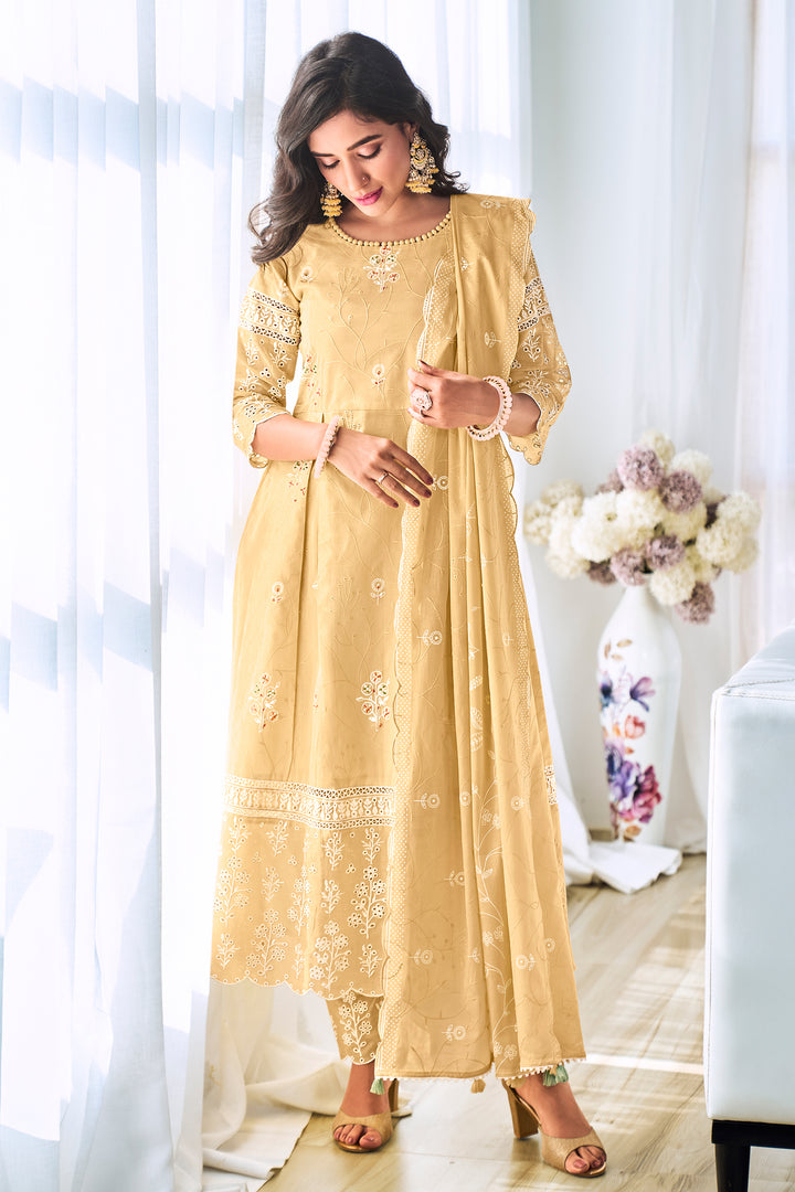 Pure Cotton Embroidery Khadi Block Print Long Straight Cut Salwar Kameez In Yellow Color