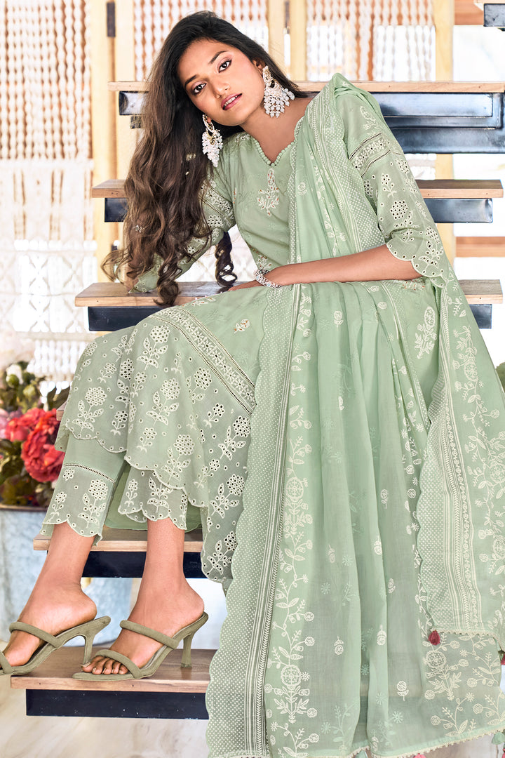 Pure Cotton Embroidery Khadi Block Print Long Straight Cut Salwar Suit In Sea Green Color