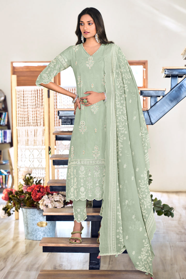 Pure Cotton Embroidery Khadi Block Print Long Straight Cut Salwar Suit In Sea Green Color