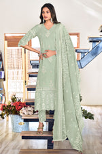 Load image into Gallery viewer, Pure Cotton Embroidery Khadi Block Print Designer Salwar Kameez In Sea Green Color
