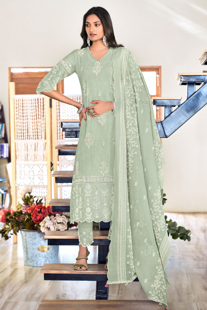 Pure Cotton Embroidery Khadi Block Print Designer Salwar Kameez In Sea Green Color