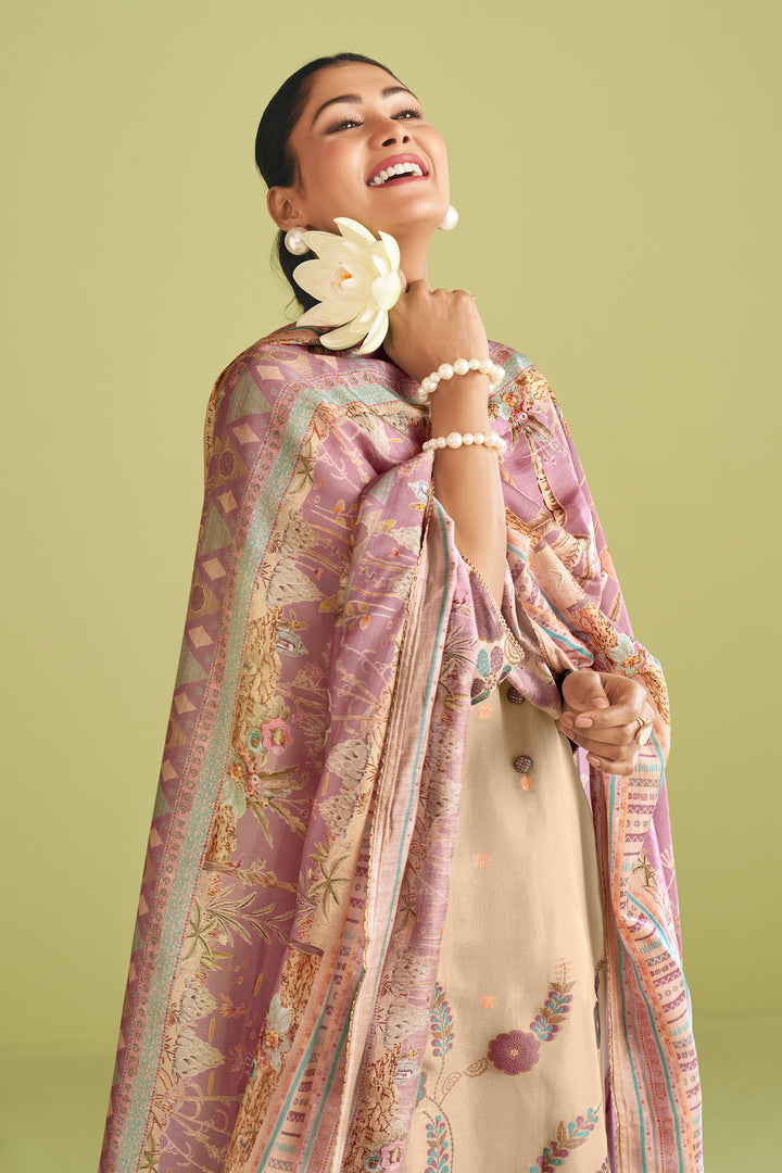 Beige Pure Tissue Jacquard With Fancy Embroidery Designer Long Salwar Kameez