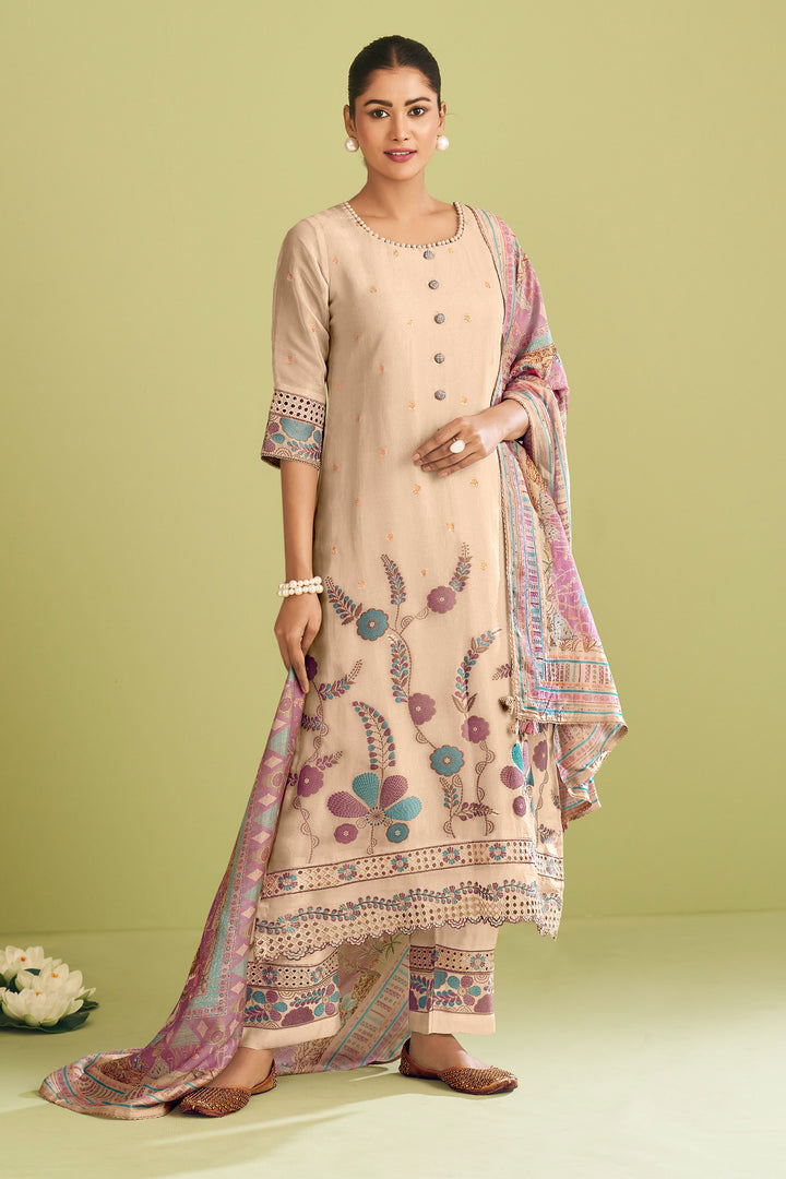 Beige Pure Tissue Jacquard With Fancy Embroidery Designer Long Salwar Kameez