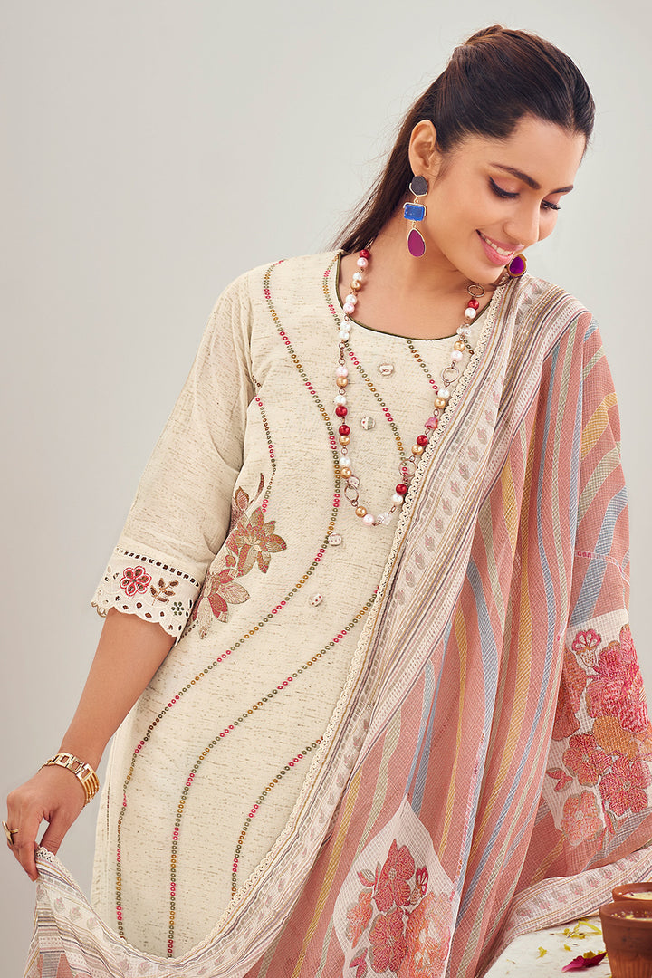 Beige Pure Linen Jacquard Fancy Embroidered Straight Cut Suit