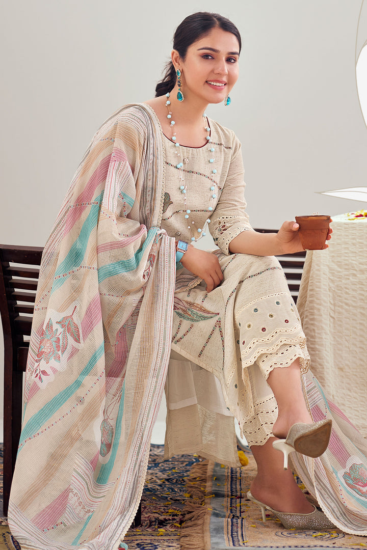 Beige Pure Linen Jacquard Fancy Embroidered Straight Cut Dress