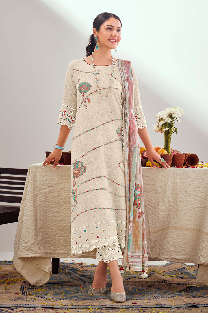 Beige Pure Linen Jacquard Fancy Embroidered Straight Cut Dress