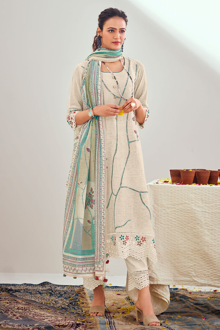 Pure Linen Jacquard Fancy Embroidered Straight Cut Salwar Kameez In Beige Color
