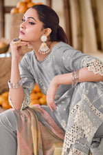 Load image into Gallery viewer, Grey Pure South Cotton Khadi Block Print With Handwork Designer Salwar Kameez
