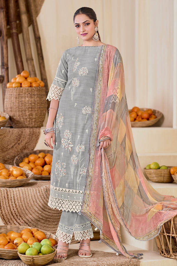 Grey Pure South Cotton Khadi Block Print With Handwork Designer