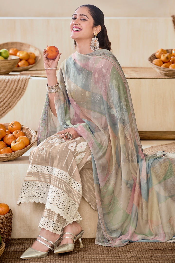 Beige Color Pure South Cotton Khadi Block Print With Handwork Designer Salwar Suit