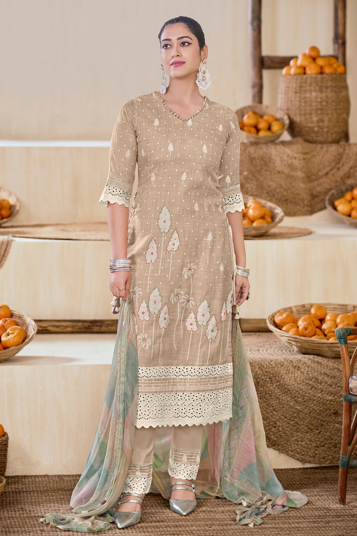 Beige Color Pure South Cotton Khadi Block Print With Handwork Designer Salwar Suit