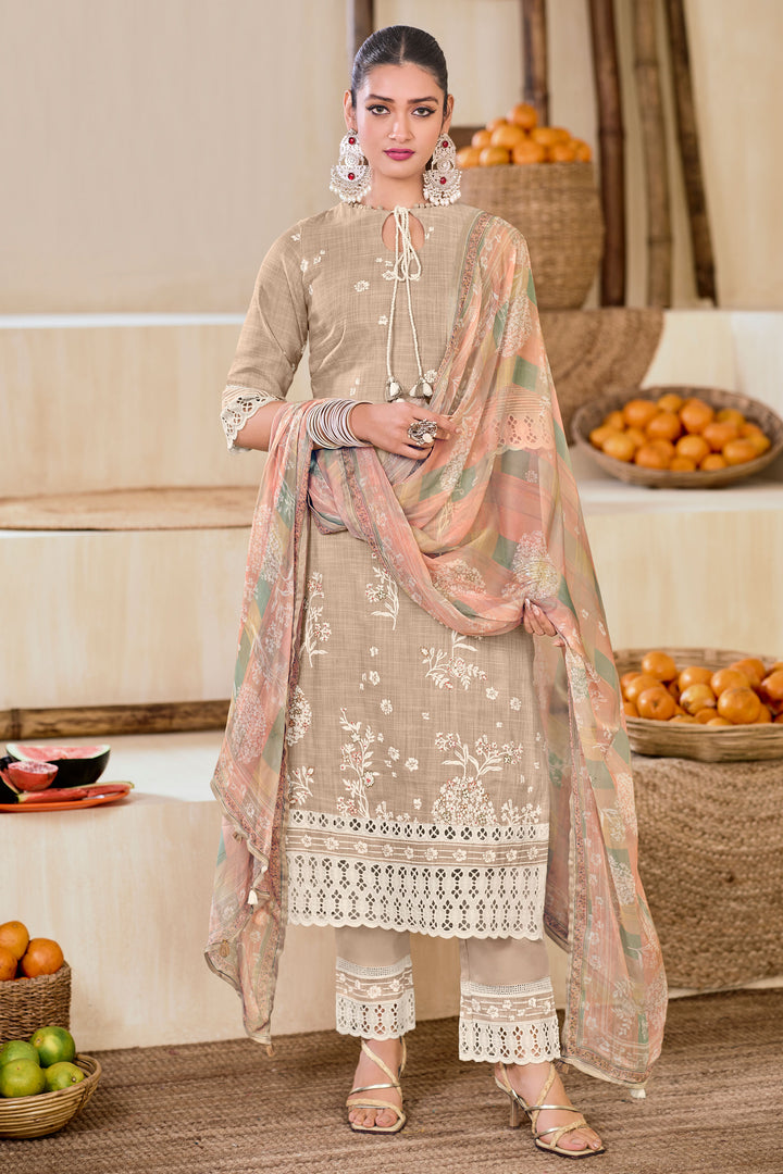 Beige Color Pure South Cotton Khadi Block Print With Handwork Designer Suit