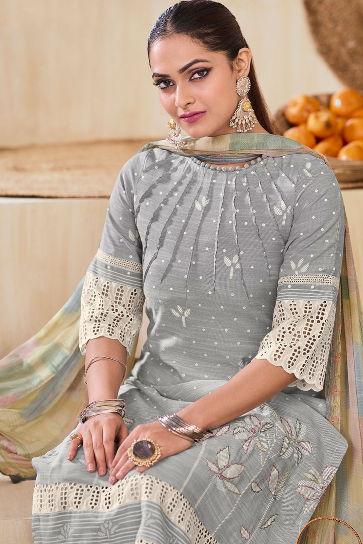 Grey Pure South Cotton Khadi Block Print With Handwork Designer Dress