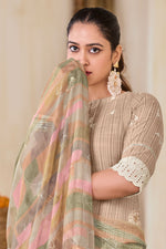 Load image into Gallery viewer, Pure South Cotton Khadi Block Print With Handwork Designer Salwar Kameez In Beige Color
