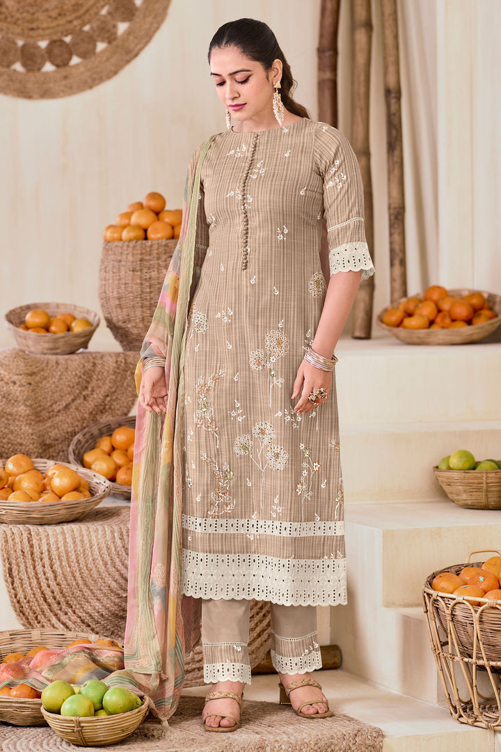 Pure South Cotton Khadi Block Print With Handwork Designer Salwar Kameez In Beige Color