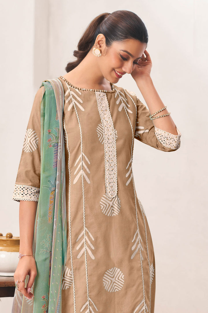 Pure Cotton Beige Block Print Daily Wear Straight Cut Dress