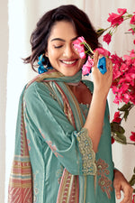 Load image into Gallery viewer, Cyan Pure Muslin Silk Checks Digital Print Straight Cut Salwar Suit
