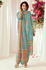 Load image into Gallery viewer, Cyan Pure Muslin Silk Checks Digital Print Straight Cut Salwar Suit
