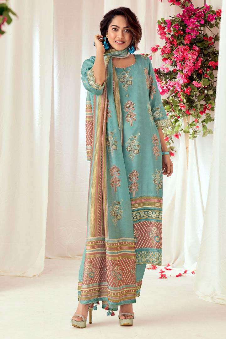 Cyan Pure Muslin Silk Checks Digital Print Straight Cut Salwar Suit