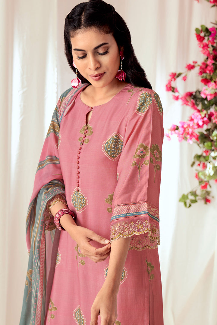 Pink Color Pure Muslin Silk Checks Digital Print Straight Cut Suit