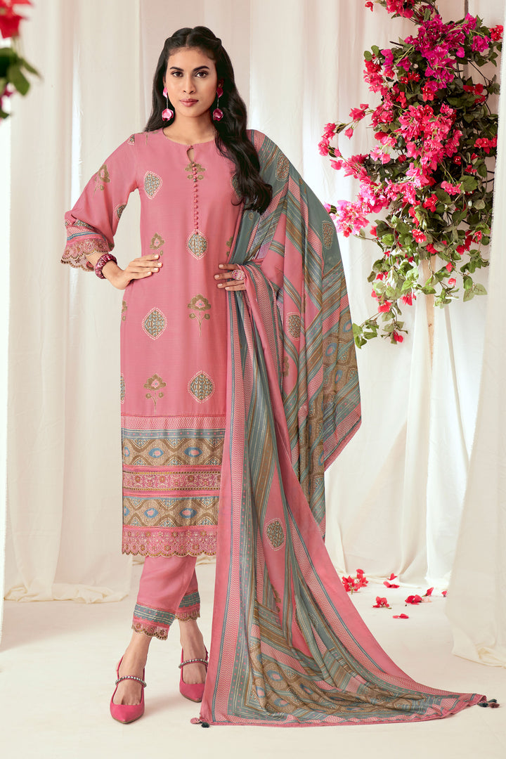 Pink Color Pure Muslin Silk Checks Digital Print Straight Cut Suit