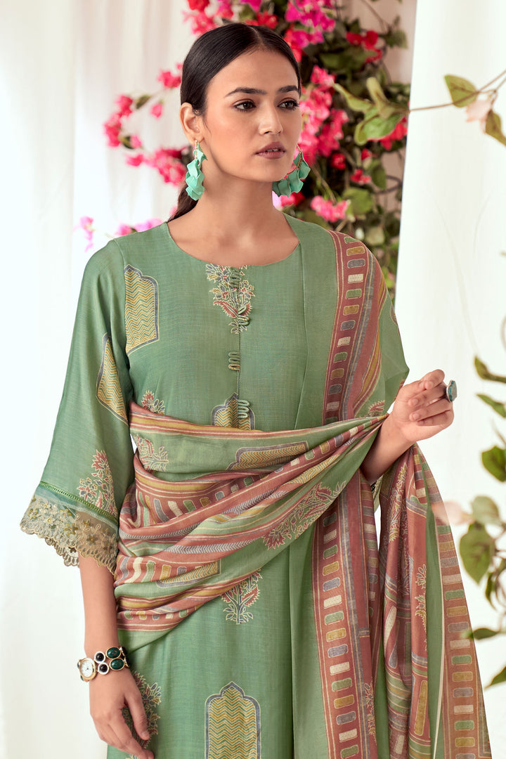 Pure Muslin Silk Checks Digital Print Straight Cut Salwar Kameez In Sea Green Color