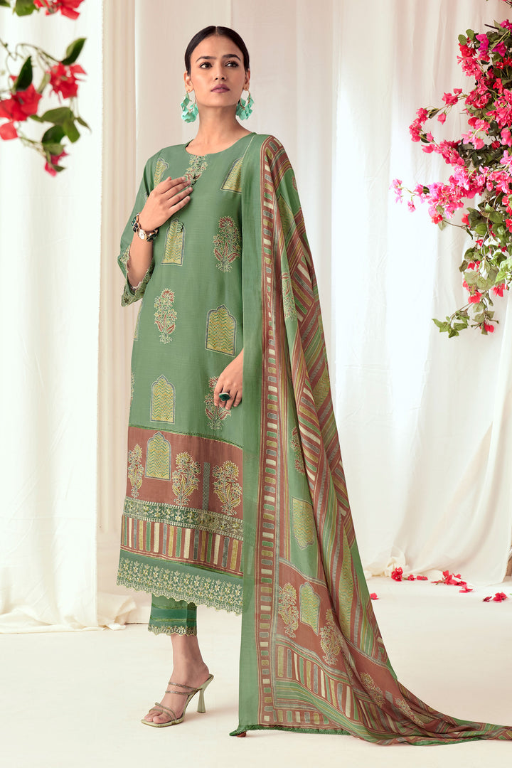 Pure Muslin Silk Checks Digital Print Straight Cut Salwar Kameez In Sea Green Color