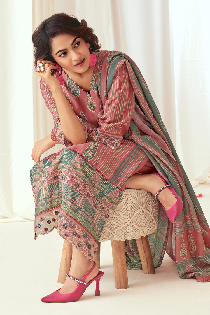 Pure Muslin Silk Checks Digital Print Straight Cut Suit In Pink Color