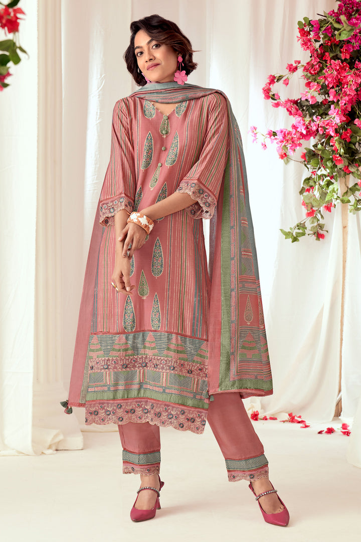 Pure Muslin Silk Checks Digital Print Straight Cut Suit In Pink Color