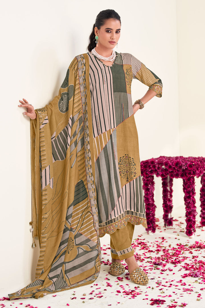 Brown Pure Moga Silk Digital Print Casual Salwar Suit