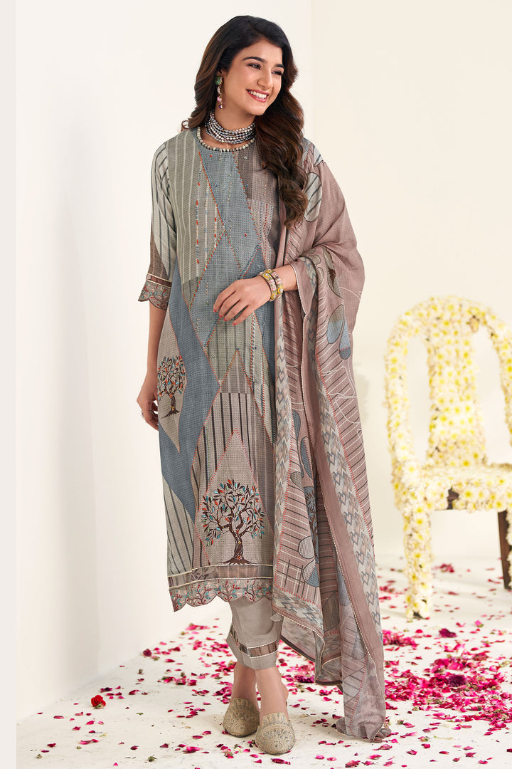 Grey Pure Moga Silk Digital Print Casual Dress